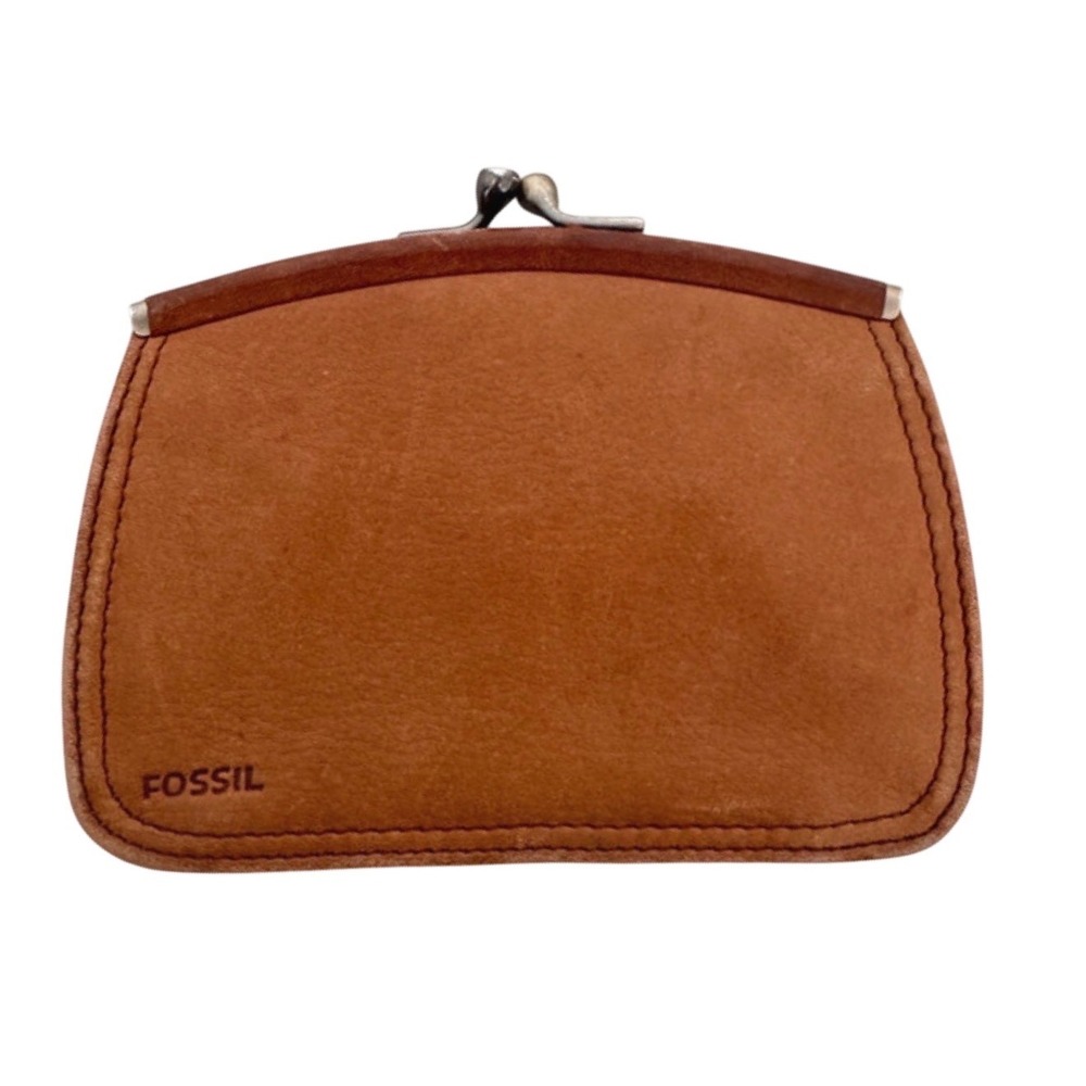 Fossil Vintage Cognac Genuine Leather Kiss Lock Wallet Clasp Card Holder Brown